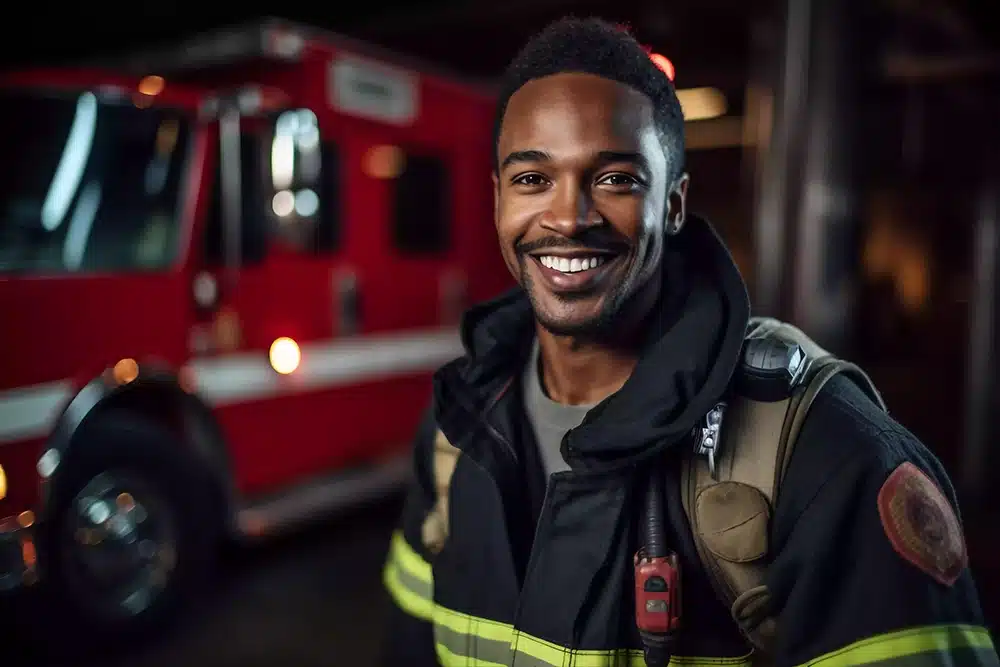 A Smiling Firefighter standing in front of a Fire-Truck